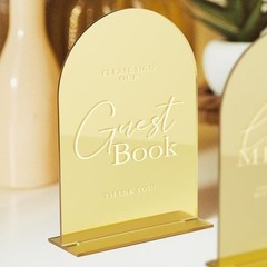 Gold Acrylic Wedding Guest Book Sign W/ Base Rustic Table Decor 5×7 inches New