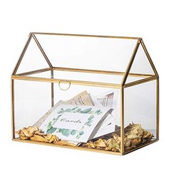 Large Glass Card Box with Lid for Wedding Reception (10.2x6x8.2 Inches) Gold