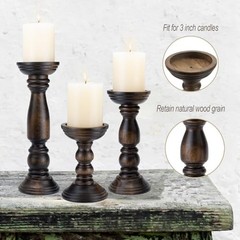 Farmhouse Wooden Candle Holders for Pillar Candles Set of 3, Vintage Brown