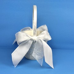 White Flower Girl Wedding Small Basket Lace~Padded~Ribbons Special Occasion