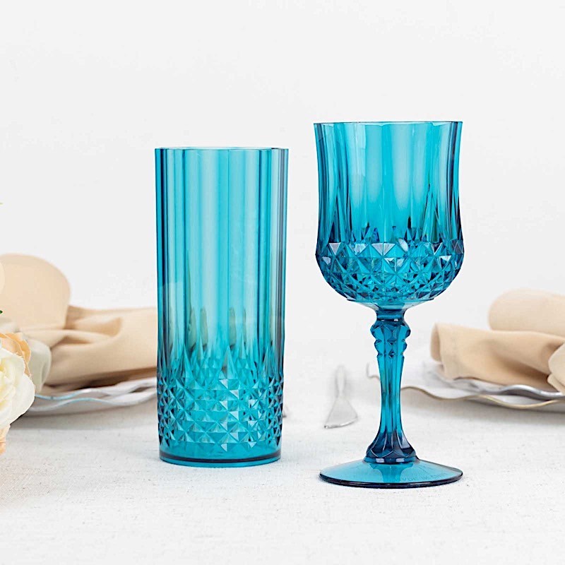 OCEAN BLUE 6 Plastic 8 oz Crystal Cut Goblets WINE GLASSES Party Events