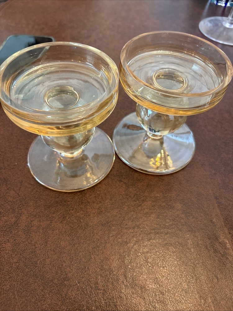Set of 2 Glass Pillar Candle Holders Clear with Round Tray – Crystal Ball Stem.
