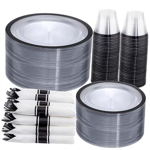 350 Pcs Clear and Black Plastic Plates,Black 350 Piece(50 Guests) Clear Black