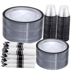350 Pcs Clear and Black Plastic Plates,Black 350 Piece(50 Guests) Clear Black