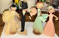 1920/30’s Wedding Party 5”Crepe Paper/Wire Cake Toppers Bride, Groom, Attendants