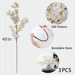 3Pcs Artificial Cherry Blossom Branches 40″ Fake Silk Cherry Blossoms White