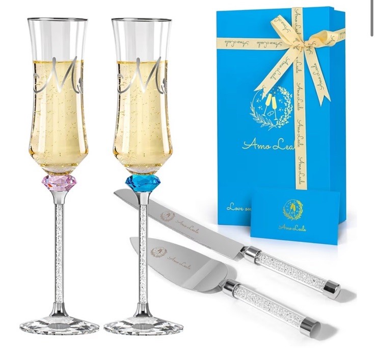 4 Pcs Wedding Cake Knife and Champagne Flutes Server Set for Bride
