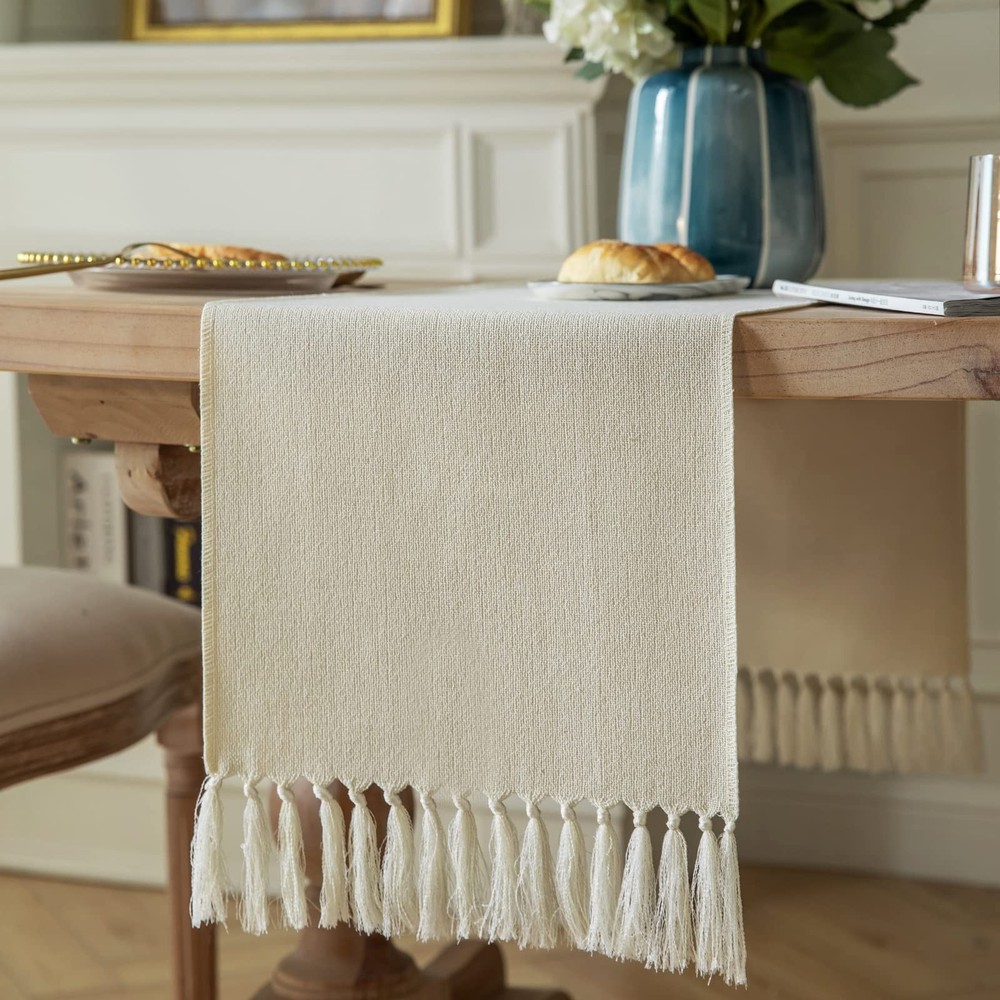 ZeeMart Cream Table Runners 60 Inches Long, Burlap Linen Style Rustic Farmhou…