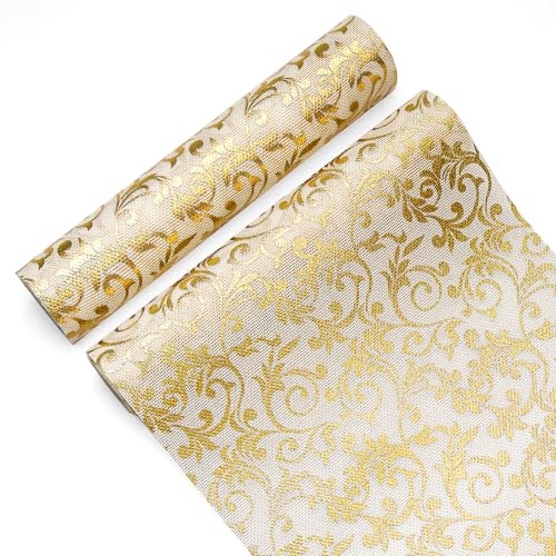 2 PCS Table Runner, Glitter Metallic Printed Rattan White Gold Table Gold White