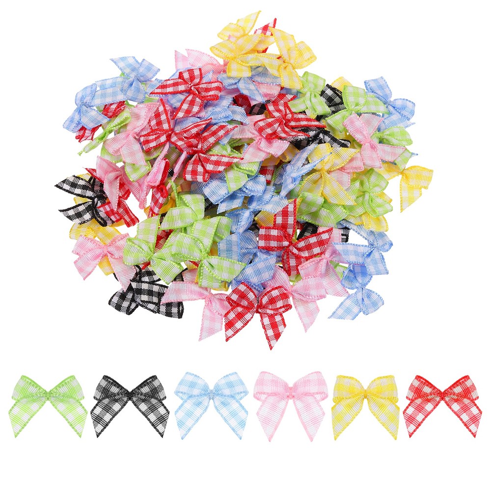120Pcs Mini Gingham Ribbon Bow 1″ Checkered Fabric Satin Ribbon Bows 6 Colors