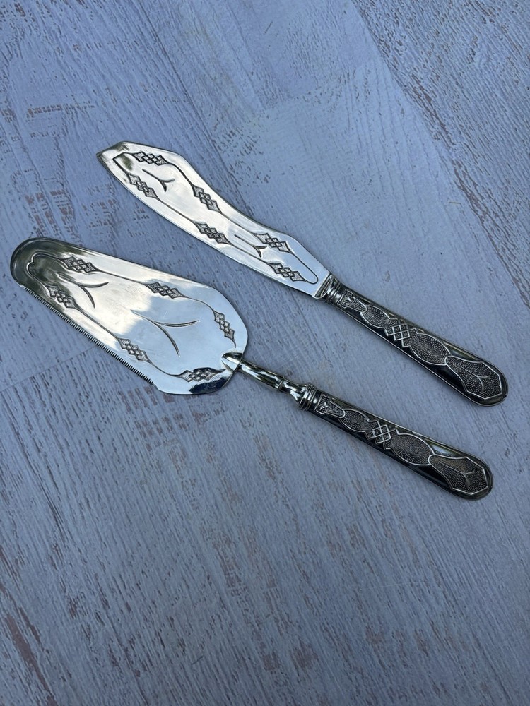 Vintage 800 Silver Cake Server & Knife Set Geometric Engraved Continental