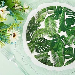 25 WHITE 9″ Round Paper Plates with TROPICAL Leaves Design Disposable Tableware