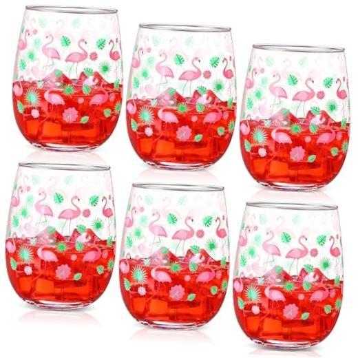6 Pcs Stemless Wine Glasses, 15 oz Summer Cocktails Glass, Hawaiian Flamingo