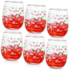 6 Pcs Stemless Wine Glasses, 15 oz Summer Cocktails Glass, Hawaiian Flamingo