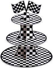Racing Car 3 Tier Cupcake Stand Black White Checkered Dessert Display Tower