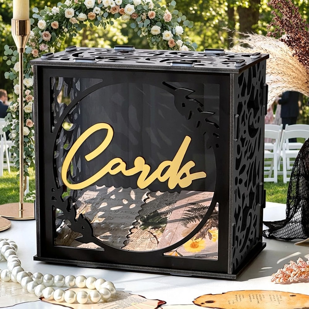 Black Gold Wedding Card Box PVC Holder Graduation Bridal Shower Envelope Slot