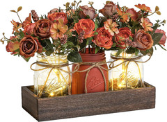 3 Pc Mason Jar Centerpiece Set w/ Wood Tray LED Light Farmhouse Table Decor Oran