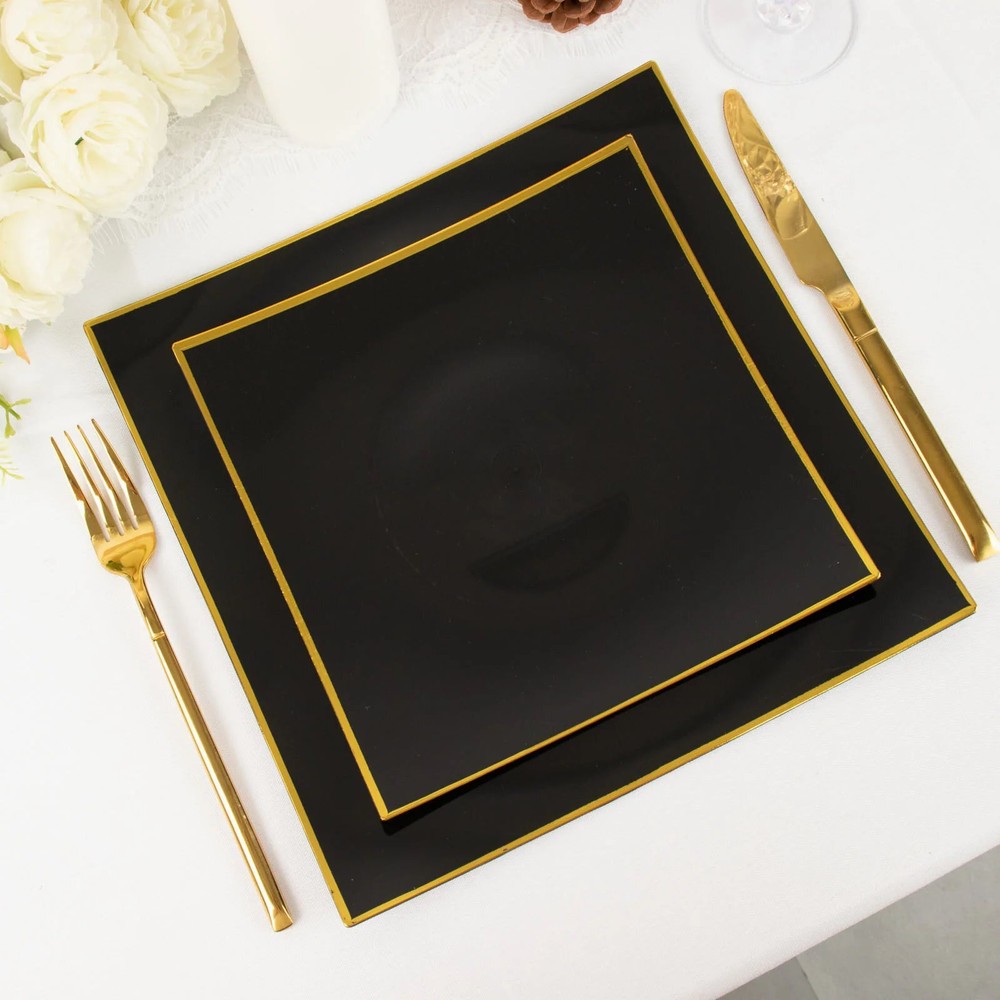 10 BLACK 8″ Square Concave Plastic Salad Dinner PLATES Gold Rim Party Events