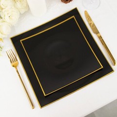 10 BLACK 8″ Square Concave Plastic Salad Dinner PLATES Gold Rim Party Events