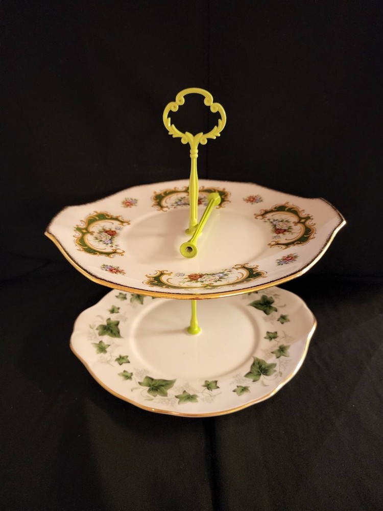 Mismatched 2 Tiered Serving Dessert Tray Stand Duchess Ivy & Queens Bone China