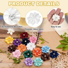 100 Pcs Ribbon Flowers, 1.2 in Fabric Flowers with Rhinestones, White
