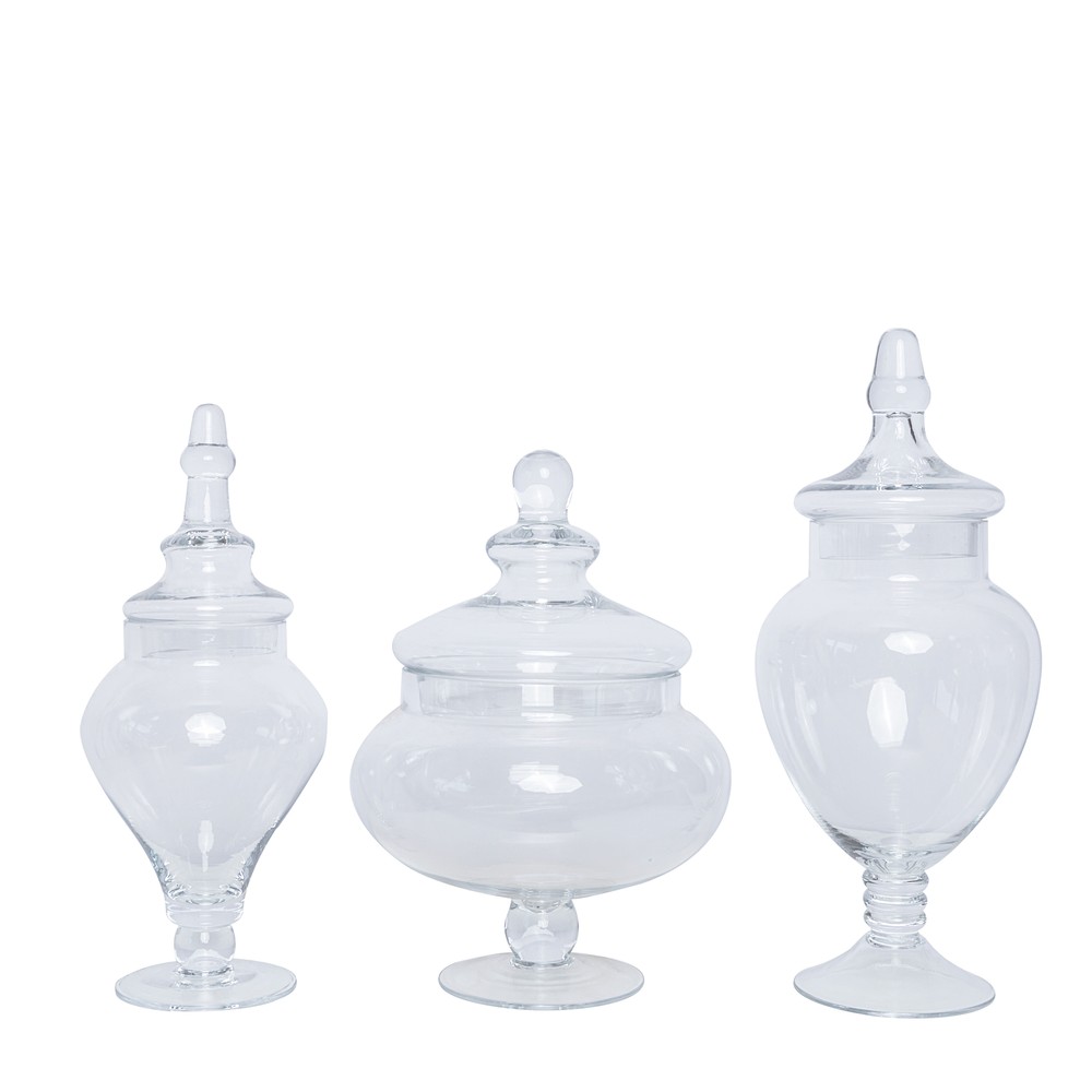 Set of 3 10″ 12″ 14″ tall Clear Glass Apothecary Jars Containers with Lids Sale