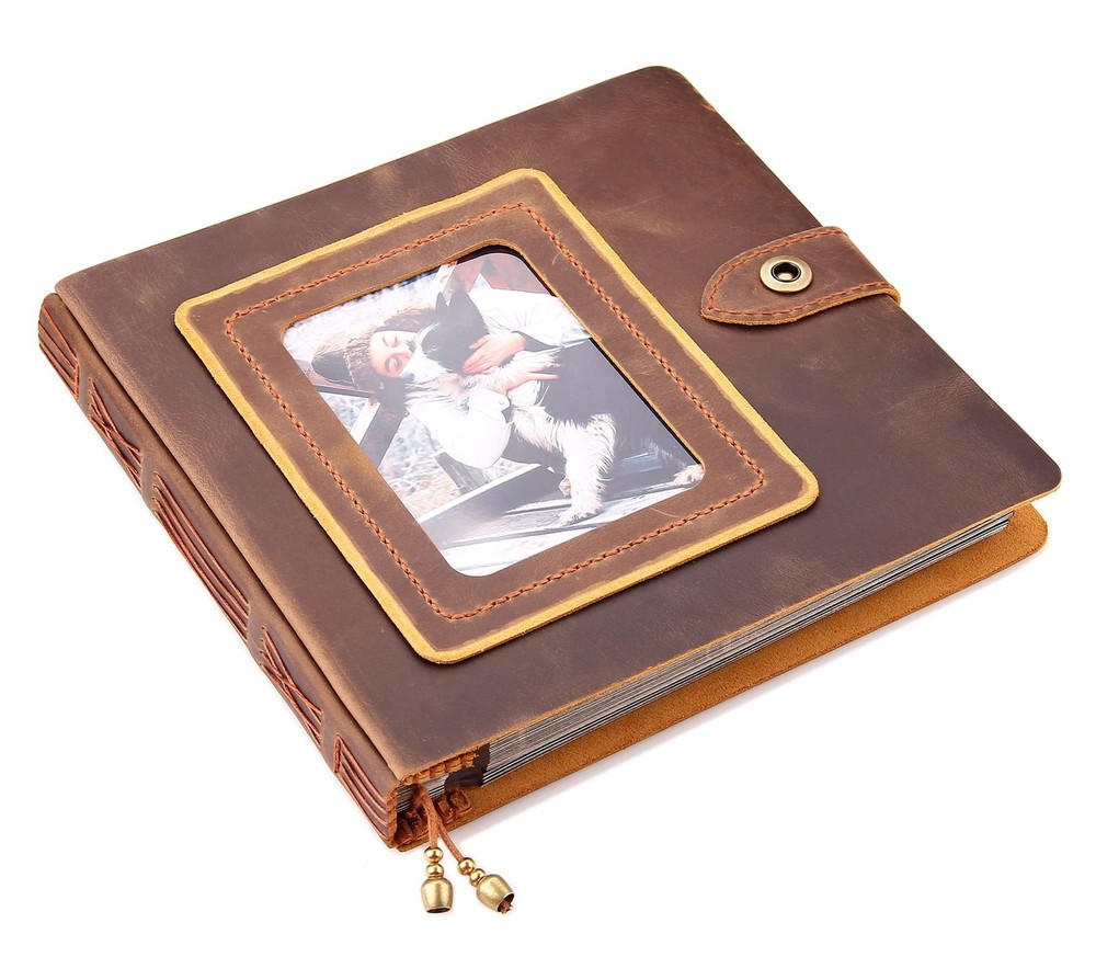 Robrasim Brown Leather Self-Adhesive Photo Album, 9.6×9.6×1.3 in, Holds 3×5, …