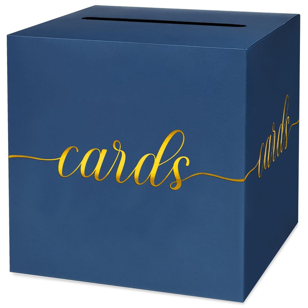 1 Pack Navy Blue and Gold Foil Card Box for Party, 8.7″ Navy Blue Gift Card B…