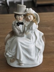 Vintage Bride and Groom on Bench Ceramic Wedding Cake Topper Figurine 6″