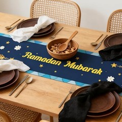 Ramadan Table Runner, 183x33cm/72x13in Blue Yellow Lantern Flower Tablecloth