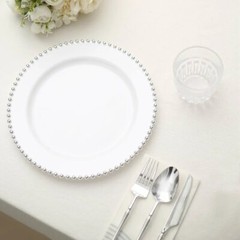 WHITE SILVER 10 Round 10″ Plastic Salad PLATES Beaded Rim Party Events