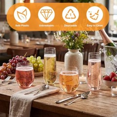 48 Pack Stemless Plastic Wine Glasses 9 oz & 12 oz Disposable Champagne Clear