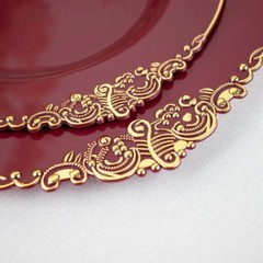 10 BURGUNDY GOLD 8″ Round Plastic Salad Dinner PLATES Embossed Baroque Rim Party
