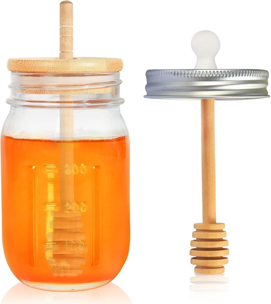 16oz Glass Honey Jar with Dippers Stick Set,Honey Pot honey jar 1pcs