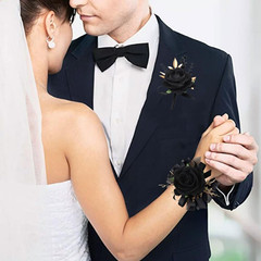 Rose Wrist Corsage and Boutonniere Set for Weddings and Events (Black)