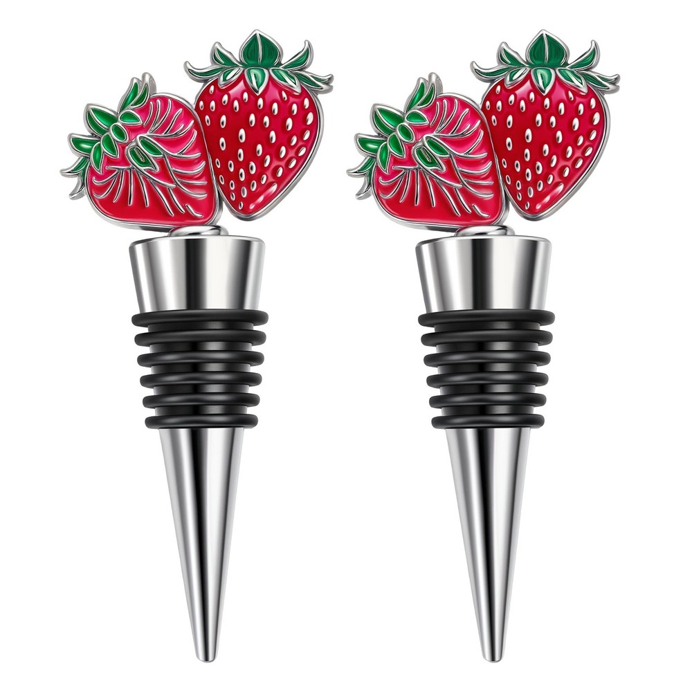 RICHCEE 2 Pack Strawberry Wine Stoppers for Bottles, Zinc Alloy Silver