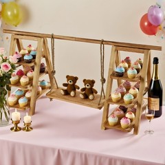 3 Tier Cupcake Stand Set with Swing Solid Wood Detachable Dessert Serving Ladder