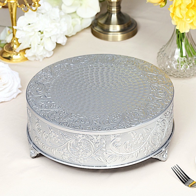 SILVER 14″ wide Round Floral Embossed Cake Stand Cupcake Display Wedding Party