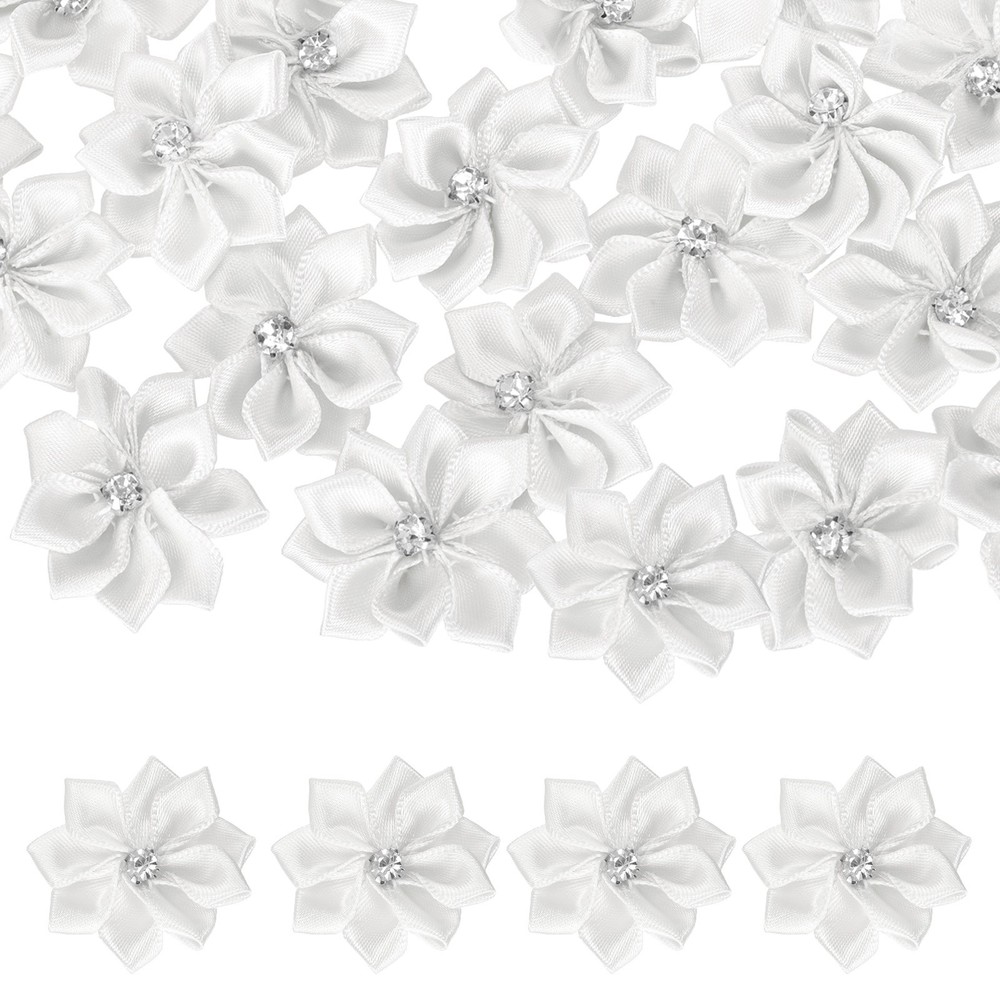 100 Pcs Ribbon Flowers, 1.2 in Fabric Flowers with Rhinestones, White