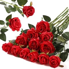 12PCS Artificial Flowers Fake Roses, Realistic Silk Long 6 Flowers 6 Buds Red