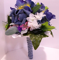 Denim Bridal Bouquet Roses w Spring Flowers & Denim Rose Corsage Country Wedding