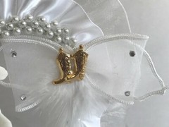 Western Honeymoon Night, Rhinestone and Pearl Heart, White and Gold Cake Top