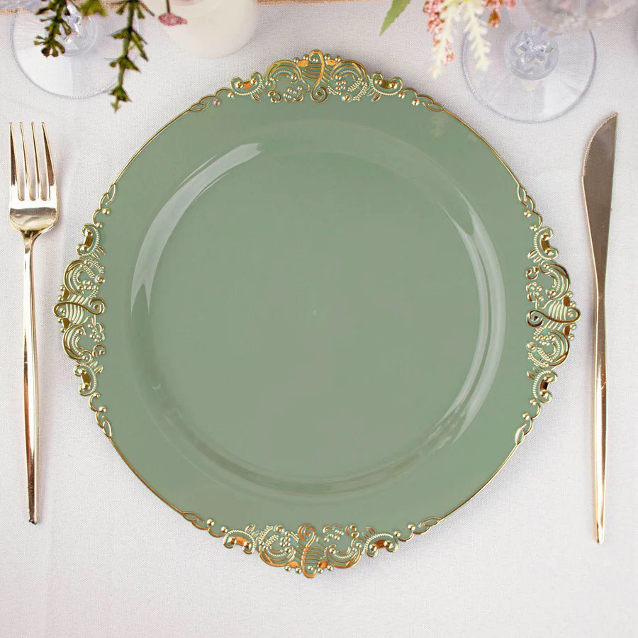 10 DUSTY SAGE GOLD 10″ Round Plastic Salad Dinner PLATES Embossed Baroque Rim