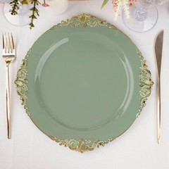 10 DUSTY SAGE GOLD 10″ Round Plastic Salad Dinner PLATES Embossed Baroque Rim