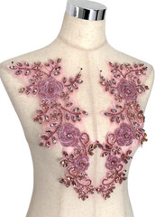 Light Pink Beaded Rose Flowers &Leaves Rhinestone Pair Applique for Prom Dress B