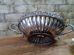 Silver Plate Centerpiece Bowl 18″ Pounded with Iron Cutout Rim, Made in India
