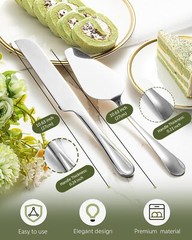 2-Piece Premium Cake Cutting Set, Knife and Server with Serrated Design (Silver)