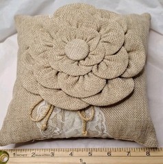 Burlap & Lace Floral Wedding Ring Pillow 8×8″ XC rustic, country Cottage Core