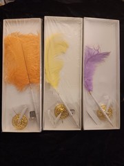 3 New Ballpoint Ostrich Feather Pen Plume Purple Yellow White Gold Stand Wedding