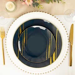 NAVY BLUE GOLD 10 Round 10″ Plastic Salad DINNER PLATES Metallic Prints Party